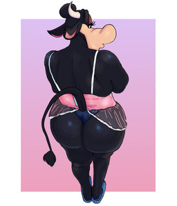 anthro bedroom_eyes big_butt black_body butt clothing female footwear horn lingerie narrowed_eyes rear_view seductive shoes slippers solo tail thong underwear wide_hips boolishclara disney clarabelle_cow bovid bovine cattle mammal hi_res