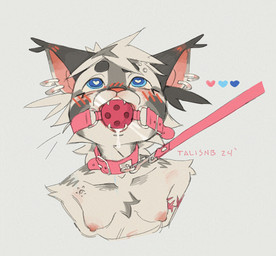 anthro arm_tattoo ball_gag blush bodily_fluids breasts collar cum cum_drip cum_in_mouth cum_inside cum_on_face dripping ear_piercing ear_ring erect_nipples eyebrow_piercing facial_piercing female fluffy fur fur_markings gag gagged genital_fluids heart_eyes heart_symbol inner_ear_fluff leash leash_pull leashed_collar markings nipples nude piercing ring_piercing seductive solo submissive submissive_anthro tattoo tuft talisnb felid feline hyena mammal hi_res