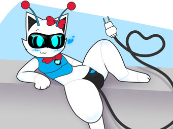 ambiguous_gender animal_genitalia animal_penis antennae_(anatomy) anthro balls black_balls black_sheath blue_penis blush bow_ribbon canine_genitalia canine_penis cybernetics feline_genitalia feline_penis feral genitals glowing glowing_genitalia glowing_penis gynomorph heart_symbol intersex long_tail looking_at_viewer lying machine on_back penis penis_tip plug screen screen_eyes screen_face sheath simple_background smile solo spread_legs spreading tail toony white_body wire hikiwi k-tee_(hikiwi) cyborg domestic_cat felid feline felis mammal robot digital_drawing_(artwork) digital_media_(artwork) traditional_media_(artwork)
