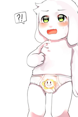 anthro biped blush bodily_fluids briefs bulge chest_tuft clothing exclamation_point front-print_briefs fur green_eyes interrobang male open_mouth print_briefs print_clothing print_underwear question_mark simple_background solo standing tears tuft underwear white_background white_body white_briefs white_clothing white_fur white_underwear young young_anthro young_male gimlet undertale undertale_(series) asriel_dreemurr flowey_the_flower boss_monster_(undertale) bovid caprine goat mammal 2:3 hi_res