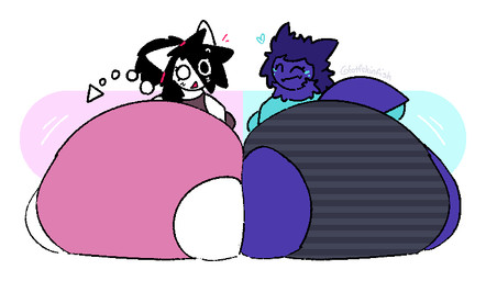 anthro arthropod_abdomen big_butt black_hair bottomwear butt butts_touching clothing dark_clothing duo eyes_closed female floating_tail fur grey_clothing hair hair_over_eye happy huge_butt hyper hyper_butt hyper_pear looking_at_viewer monobutt motion_lines neck_tuft pattern_clothing pink_clothing ponytail purple_body purple_fur purple_hair purple_skin rear_view shocked simple_background sitting striped_clothing stripes teal_clothing topwear tuft white_body white_skin wobbling fatfckinfish silvia_(0x) tako_(fatfckinfish) ambiguous_species arthropod insect lepidopteran moth