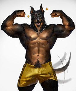 abs anthro biceps black_body black_fur black_nose bottomwear brown_body brown_fur chain_necklace clothed clothing flexing fur jewelry looking_at_viewer male muscular muscular_anthro muscular_male necklace nipples one_eye_closed pecs pointy_ears pose shorts simple_background solo tail tail_motion tailwag topless topless_anthro topless_male wink ulvin_art canid canine canis domestic_dog herding_dog mammal pastoral_dog sheepdog absurd_res hi_res
