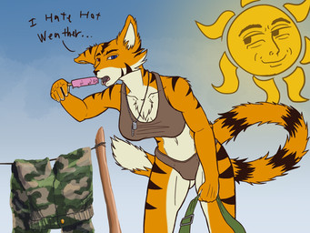 anthro army bottomwear bra breasts clothed clothing dessert female food heterochromia ice_cream korean mascot military panties pants simple_background skimpy sky sun text underwear qr-code maxci_wille felid mammal pantherine tiger 4:3