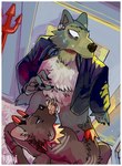 anthro bedroom border clothing costume duo fellatio male male/male nervous oral penile semi_public sex white_border bastriw beastars legoshi_(beastars) canid canine canis mammal wolf hi_res