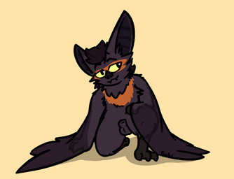 animal_genitalia anthro balls black_body black_fur black_hair claws fangs feet fur genitals hair kneeling looking_at_viewer male membrane_(anatomy) membranous_wings nude on_one_knee orange_body orange_fur presenting_sheath purple_body purple_fur semi-anthro sheath simple_background smile solo talons teeth toes winged_arms wings bizart irv_(bizart) bat mammal 2026 aliasing digital_media_(artwork)