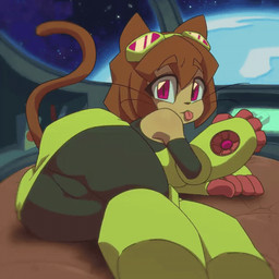 3_toes 4_fingers :3 ^w^ acting_like_a_cat anthro arm_armor arm_support armor bangs big_eyes black_clothing black_leggings black_legwear black_nose blinking boots breasts brown_body brown_eyebrows brown_hair brown_tail burgundy_eyes clothing club_arms cushion eyebrow_through_hair eyebrows eyes_closed eyewear eyewear_on_head feet female fingers footwear gauntlets gloves goggles goggles_on_head greaves hair handwear inside juice_box leaning_on_elbow leg_armor leggings legwear licking looking_at_viewer lying medium_breasts on_side orbit rear_view red_clothing red_gloves red_handwear self_lick shelf shoes short_hair sleeveless_clothing solo space spacecraft tail tail_motion tailwag thick_thighs toes tongue tongue_bath tongue_out topwear translucent translucent_hair triangle_nose vambrace vehicle whiskers wide_hips window yellow_boots yellow_clothing yellow_footwear yellow_gauntlets yellow_greaves yellow_topwear twistedgrim gameoverse glitch_productions kit_bodega domestic_cat felid feline felis mammal 1:1 2026 2d_animation animated cel_shading frame_by_frame full-length_portrait loop portrait shaded