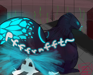 ambiguous_gender anthro big_butt big_tail black_body blue_fart_cloud butt butt_sniffing dominant duo facesitting fart fart_cloud fart_fetish farting_in_mouth farting_on_another farting_on_face feral gas gassy glowing looking_back lying male male/male musk pinned plant raised_tail sitting_on_another size_difference smile sniffing sound_effects tail text thick_thighs white_body genjii rain_world videocult cyan_lizard_(rain_world) lizard_(rain_world) scalie slugcat digital_media_(artwork) hi_res