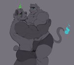 after_kiss anthro barazoku big_bulge blue_eyes blush bodily_fluids bulge carrying_another clothing duo green_eyes grey_background grey_body hug male muscular muscular_anthro muscular_male saliva saliva_string simple_background tongue tongue_out underwear melaisen alvin_(melaisen) bernard_(melaisen) bear demon felid giant_panda mammal pantherine 2022 absurd_res digital_drawing_(artwork) digital_media_(artwork) hi_res portrait spot_color three-quarter_portrait