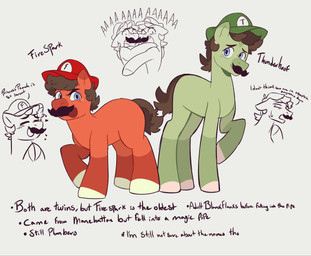 bent_leg black_eyebrows black_facial_hair black_mustache blue_eyes blush blush_lines bodily_fluids brown_mane brown_tail closed_smile clothing dialogue duo eyebrows facial_hair feral freckles fur green_body green_clothing green_fur green_hat green_headwear green_hooves grey_background hat hat_only headgear headgear_only headwear headwear_only heart_symbol hooves hug hugging_another larger_feral larger_male looking_at_viewer male male_feral mane mostly_nude mostly_nude_feral mostly_nude_male mouth_closed multicolored_body multicolored_fur mustache name_drop name_in_dialogue open_mouth open_smile ponification quadruped raised_hoof red_body red_clothing red_fur red_hat red_headwear red_mouth scared screaming short_mane short_tail simple_background size_difference smaller_feral smaller_male smile smiling_at_viewer standing sweat sweatdrop tail tan_hooves teeth text unguligrade white_freckles feeniroir hasbro mario_bros my_little_pony nintendo firespark_(feeniroir) luigi mario thunderhoof_(feeniroir) earth_pony equid equine horse mammal pony 2024 crossover digital_drawing_(artwork) digital_media_(artwork) english_description english_text flat_colors hi_res multiple_images brother_(lore) brothers_(lore) sibling_(lore) twins_(lore)