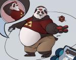 anthro before_and_after belly belly_overhang big_belly black_body black_fur cellphone chubby_cheeks claws clothed clothing d20 dice duo electronics fur grin hair headphones holding_object holding_phone male midriff obese obese_male overweight overweight_male phone red_hair smartphone smile solo_focus standing toe_claws triforce weight_gain white_body white_fur kygen nintendo the_legend_of_zelda bear giant_panda mammal