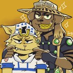 anthro blue_eyes clothed clothing duo eyebrows fingers floppy_ears fur green_eyes hat headgear headwear male smile javacatdotio jojo's_bizarre_adventure gyro_zeppeli johnny_joestar canid canine canis domestic_cat domestic_dog felid feline felis mammal 1:1