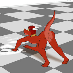 anthro anus balls brown_iris cleaning collar collar_only genitals hair horn male nude perineum raised_tail red_body red_hair red_scales scales slave solo tail yellow_sclera fuze kobold scalie 1:1 hi_res