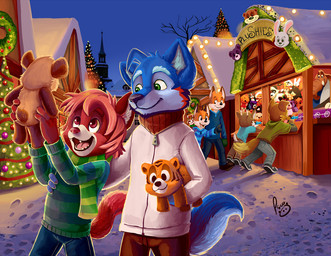 anthro black_nose blue_body blue_fur brown_body brown_eyes brown_fur brown_nose christmas_tree closed_smile clothed clothing duo_focus fur green_eyes group hair happy holding_object holding_plushie holidays logo male mouth_closed open_mouth open_smile orange_body orange_fur outside pink_tongue plant plushie red_hair smile snow string_lights tongue tree white_body white_fur winter young young_anthro young_male pandapaco christmas biro_(pandapaco) canid canine canis deer domestic_dog fox mammal artist_logo signature