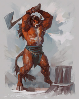 abs action_pose anthro axe barefoot biceps big_muscles bottomwear clothed clothing facial_piercing feet grey_background hair holding_axe holding_object hooves horn log loincloth loincloth_only long_hair male muscular muscular_anthro muscular_male nipple_piercing nipple_ring nipples nose_piercing nose_ring obliques painterly pecs piercing pose ring_piercing serratus simple_background solo standing topless topless_anthro topless_male wood wristband taran_fiddler european_mythology greek_mythology mythology bovid bovine cattle mammal minotaur 2023 4:5 dated digital_media_(artwork) digital_painting_(artwork) hi_res painting_(artwork) signature