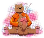 3_fingers 3_toes abstract_background anthro balls big_penis black_nose blush bodily_fluids bottomless brown_balls brown_body brown_ears brown_fur brown_penis clothed clothing cum emanata eyes_closed feet fingers front_view fur genital_fluids genitals glans heart_nose heart_symbol huge_penis hyper hyper_genitalia hyper_penis jacket male masturbation motion_lines orange_clothing orange_jacket orange_topwear orgasm orgasm_face overweight overweight_anthro overweight_male partially_clothed pawpads penis pink_pawpads sitting smile solo spread_legs spreading tan_glans toes topwear wishbone_mouth zipper ofuro undertale undertale_(series) politics_bear_(undertale) bear mammal hi_res