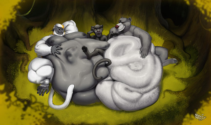 abdominal_bulge anthro belly between_bellies big_belly black_body black_fur fur grey_body grey_fur huge_belly male male_pred muscular muscular_arms muscular_male nipples pecs same_size_vore vore white_body white_fur boltheeye disney the_jungle_book bagheera_(jungle_book) baloo bear felid haplorhine mammal monkey pantherine primate reptile scalie snake tiger hi_res