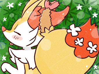 ambiguous_anthro ambiguous_gender anthro biped blush blush_stickers eyes_closed flower flower_on_tail food object_in_tail plant rear_view shrimp_(food) solo tail three-quarter_view tongue tongue_out annyui0611 nintendo pokemon braixen canid generation_6_pokemon mammal pokemon_(species) 2023 4:3 digital_drawing_(artwork) digital_media_(artwork) japanese_description translated_description
