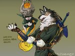 anthro anthrofied clothed clothing duo ear_piercing ear_ring female fused_shadow headgear headwear male male/female master_sword melee_weapon piercing ring_piercing sword text weapon niteo nintendo the_legend_of_zelda twilight_princess link_(wolf_form) midna canid canine canis humanoid mammal wolf korean_text translation_request