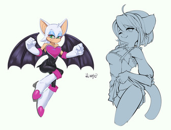 anthro armwear big_breasts bodysuit boots breasts clothed clothing clothing_lift dress dress_lift duo elbow_gloves eyeshadow female footwear fur gloves hair half-closed_eyes handwear looking_at_viewer makeup membrane_(anatomy) membranous_wings narrowed_eyes one_eye_closed panties shoes simple_background skinsuit smile tail tight_clothing underwear wings wink winking_at_viewer synnfultiger sega sonic_the_hedgehog_(series) rouge_the_bat bat felid mammal pantherine tiger absurd_res digital_media_(artwork) hi_res sketch
