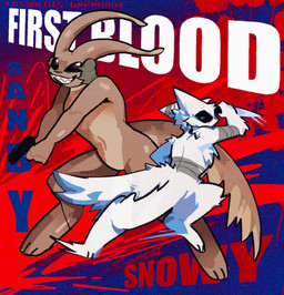 angry anthro arm_tuft bandage bandaged_arm bandaged_waist black_sclera chest_tuft digitigrade duo elbow_tuft fluffy fluffy_tail glare gun head_tuft holding_gun holding_knife holding_object holding_ranged_weapon holding_weapon knife motion_lines ranged_weapon sharp_teeth shoulder_tuft tail teeth text tuft weapon rosedeville casualties:_unknown dune_(gunsawian) gunsawian milky_(gunsawian) dithering halftone hi_res