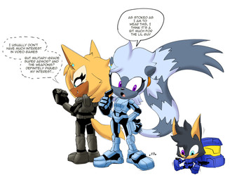 anthro armor blonde_hair blue_eyes brown_body dialogue ear_piercing eyelashes facial_markings fangs female female_anthro grey_body group hair head_markings markings mask_(marking) open_mouth piercing purple_eyes smile teeth text trio buddyhyped halo_(series) idw_publishing microsoft red_vs._blue sega sonic_the_hedgehog_(comics) sonic_the_hedgehog_(idw) sonic_the_hedgehog_(series) xbox_game_studios tangle_the_lemur whisper_the_wolf canid canine canis lemur mammal primate ring-tailed_lemur strepsirrhine wolf 2025 absurd_res english_text hi_res