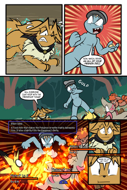 6_panel_comic ambiguous_gender biped black_cape black_clothing black_eyes black_nose black_text blue_body breath_powers brown_body brown_eyes brown_fur brown_hair cape cheek_spots clenched_teeth clothing day dialogue dot_pupils elemental_manipulation exclamation_point eyebrows eyelashes eyes_closed feral fingers fire fire_breathing fire_manipulation fluffy fluffy_tail fur gameplay_mechanics group gui hair hat headgear headwear health_bar looking_at_another motion_lines neck_tuft on_ground one_eye_closed open_mouth outside page_number paws plant quadruped question_mark red_cheeks seed sharp_teeth shrub sound_effects speech_bubble standing tail talking_to_another teeth text text_box tongue toony translucent translucent_hair tree tuft white_sclera white_text x_eyes virmir nintendo pokemon pokemon_mystery_dungeon spike_chunsoft medik_jackal sierra_(virmir) twobyfour_(virmir) virmir_(character) eevee generation_1_pokemon generation_2_pokemon generation_5_pokemon humanoid machop pichu pokemon_(species) timburr vulpix 2025 2:3 absurd_res comic english_text hi_res female_(lore) male_(lore)