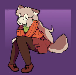 anthro bottomwear brown_body brown_fur clothed clothing eyewear female fur glasses hair long_hair orange_clothing purple_background scarf shoes_on simple_background skirt solo sweater tan_body tan_fur topwear catjamn karina_(catjamn) canid canine mammal aliasing digital_media_(artwork)
