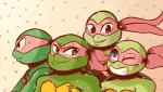 anthro blue_eyes clothing freckles gradient_background green_eyes group kerchief looking_at_viewer male markings mask mole_(marking) notched_shell one_eye_closed petals red_eyes shell simple_background smile teeth tooth_gap wink inkyfrog teenage_mutant_ninja_turtles donatello_(tmnt) leonardo_(tmnt) michelangelo_(tmnt) raphael_(tmnt) reptile scalie turtle 2018 7:4 hi_res