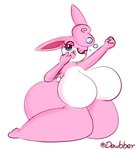 anthro big_breasts big_butt blue_eyes breasts butt featureless_breasts female hair huge_breasts huge_butt huge_thighs hyper hyper_breasts hyper_butt kneeling one_eye_closed open_mouth pink_body pink_hair simple_background solo text thick_thighs white_background yawn dewbber nintendo pokemon generation_1_pokemon pokemon_(species) wigglytuff 2019 artist_name digital_media_(artwork) hi_res