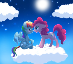 blue_body blue_eyes blue_feathers blue_fur blush cloud cutie_mark duo eye_contact feathered_wings feathers female feral fur hair looking_at_another multicolored_hair multicolored_tail night nude on_cloud outside pink_body pink_fur pink_hair purple_eyes rainbow_hair rainbow_tail side_view sky skyscape star starry_sky sun tail wings silberhoernchen friendship_is_magic hasbro my_little_pony mythology pinkie_pie_(mlp) rainbow_dash_(mlp) earth_pony equid equine horse mammal mythological_creature mythological_equine pegasus pony absurd_res hi_res