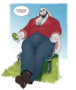 anthro beard beverage_can big_bulge big_ears body_hair bottomwear bulge button_(fastener) chest_hair chest_tuft clothed clothing denim denim_bottomwear denim_clothing eyebrows facial_hair floppy_ears fur grass happy_trail jeans lawn_chair lop_ears male mature_male musclegut muscular pants plant red_clothing red_shirt red_topwear shirt solo straining_buttons straining_clothing straining_pants text thick_eyebrows topwear tuft white_body white_fur boosterpang william_gerard domestic_rabbit lagomorph leporid lop_rabbit mammal oryctolagus rabbit absurd_res english_text hi_res