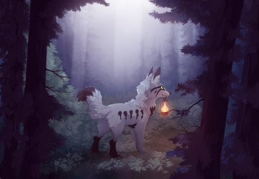 black_nose detailed_background feral forest fur lamp lantern plant solo tree white_body white_fur reysi canid canine fox mammal 2018 digital_media_(artwork) hi_res
