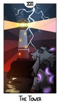 anthro broken_horn card card_template clothing detailed_background electricity floppy_ears fortune_telling glowing glowing_horn glowing_tentacles hair horn light light_beam lighthouse long_ears looking_away major_arcana male roman_numeral seaside shirt solo tarot tarot_card tentacles text the_tower_(tarot) topwear tower water white_hair mewgle reed_(mewgle) bovid caprine goat mammal 2023 english_text hi_res