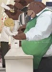 anthro apron belly big_belly blush bottomwear brown_body brown_fur clothing dot_eyes duo eyes_closed fur heart_symbol humanoid_hands kemono male money overweight overweight_male pants shirt simple_eyes size_difference topwear iwbsb_kuma bear mammal 2025 absurd_res distracting_watermark hi_res watermark
