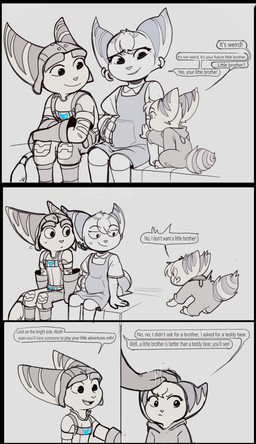anthro clothed clothing dialogue dress duo ear_piercing ear_ring female fluffy fluffy_tail hair headpat male male/female piercing pregnant pregnant_female ring_piercing tail text thin_tail time_fluffy500 ratchet_and_clank sony_corporation sony_interactive_entertainment alioth_(time_fluffy500) ratchet_(ratchet_and_clank) rivet_(ratchet_and_clank) lombax mammal comic english_text hi_res