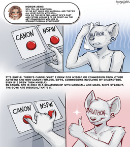 ambiguous_gender anthro biped bodily_fluids claws dialogue ear_piercing fingers front_view fur gauged_ear piercing smile solo sweat teeth text spuydjeks mammal 2026 digital_drawing_(artwork) digital_media_(artwork) english_text hi_res meme