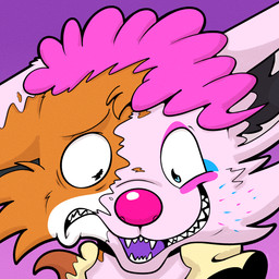 anthro blue_eyes cheek_spot clown_makeup clown_nose clown_transformation clown_wig excited_expression front_view frown fur hair mid_transformation orange_body orange_fur pink_body pink_fur pink_hair pink_nose purple_tongue round_nose sharp_teeth smile solo split_face teeth tongue transformation worried_look trevor-fox canid canine fox mammal 1:1 hi_res