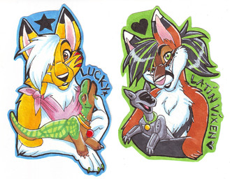 ambiguous_gender anthro black_body black_fur black_hair black_nose blue_outline brown_body brown_eyes brown_fur claws collar duo eyelashes female feral fur green_claws green_collar green_eyes green_highlights green_outline hair hair_over_eye heart_symbol highlights_(coloring) kerchief machine neckerchief neckwear orange_collar outline pink_inner_ear pink_kerchief pink_neckerchief pink_nose ponytail simple_background snout star text white_background white_body white_fur white_hair yellow_body yellow_fur blondefoxy pleo lucky_(blondefoxy) canid canine canis coyote dinosaur fox mammal prehistoric_species reptile robot scalie 2008 bust_portrait character_badge_(artwork) character_name marker_(artwork) multiple_images pen_(artwork) portrait shaded traditional_media_(artwork)