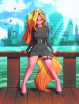 anthro belt biped black_clothing black_dress bokeh bridge building city city_background clothed clothing dress female frutiger_aero hooves jewelry lens_flare necklace sky solo standing water wood berry_tail ambient_bird equid equine horse mammal pony absurd_res hi_res