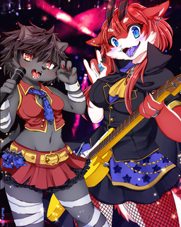 anthro bass_guitar belt blue_eyes blush bottomwear breasts clothed clothing duo female fishnet_clothing fishnet_legwear fully_clothed fur grey_body grey_fur guitar guitar_pick hair holding_guitar holding_musical_instrument holding_object horn legwear looking_at_viewer midriff musical_instrument navel plucked_string_instrument red_body red_fur skirt string_instrument tail tail_under_skirt teeth tongue white_body white_fur wolfox004 mythology dragon felid feline furred_dragon furred_scalie mammal mythological_creature mythological_scalie scalie hi_res