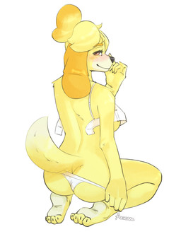 4_toes 5_fingers anthro barefoot bra breasts butt clothing clothing_pull feet female fingers looking_at_viewer looking_back nails nude nude_anthro nude_female open_bra panties panty_pull plantigrade rear_view soles solo tail toes underwear underwear_pull white_clothing white_panties white_underwear azucana animal_crossing nintendo isabelle_(animal_crossing) absurd_res hi_res