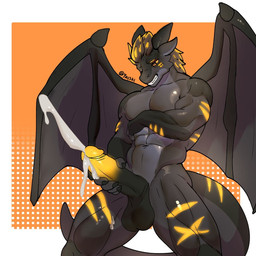 abs anthro balls big_penis black_body bodily_fluids cum ejaculation genital_fluids genitals hair holding_penis male markings muscular muscular_anthro muscular_male neon neon_lights penis simple_background solo standing sweat wings yaiski mythology basalt_(basaltdragon) dragon mythological_creature mythological_scalie scalie 1:1 hi_res signature