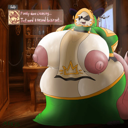 anthro apron areola big_areola big_breasts big_nipples big_tail bodily_fluids breasts clothing dialogue dress dripping ear_piercing ear_ring fangs feet female hood hoodie huge_areola huge_breasts huge_nipples hyper hyper_areola hyper_breasts nipples piercing ring_piercing solo steam steaming steaming_body steamy_breath store sweat sweaty_body sweaty_breasts sweaty_face sweaty_feet sweaty_legs tail teeth text text_box thick_thighs toes topwear wide_hips m4n atlyss sally_(atlyss) american_opossum mammal marsupial 1:1 absurd_res english_text hi_res