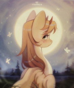 blush brown_hair female feral forest full_moon green_eyes hair looking_at_viewer looking_back looking_back_at_viewer moon night open_mouth outside plant solo star tree wings franken mythology ambient_arthropod ambient_butterfly ambient_insect equid equine mammal mythological_creature mythological_equine pegasus 2025 digital_media_(artwork) hi_res