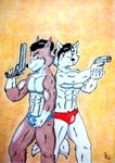 abs anthro athletic athletic_anthro athletic_male barazoku biceps black_hair black_nose blue_clothing blue_eyes blue_panties blue_speedo blue_swimwear blue_underwear bottomwear brown_body brown_eyes brown_fur bulge clothed clothing dangerous fingers fur gun hair handgun holding_gun holding_object holding_ranged_weapon holding_weapon kemono looking_at_viewer male manly muscular muscular_arms obliques orange_background panties pecs pistol pointing_gun ranged_weapon red_clothing red_speedo red_swimwear red_underwear revolver seductive simple_background smile speedo speedo_only standing swimwear tail topless touching_bulge underwear weapon white_body white_fur dashthefox canid canine canis mammal wolf absurd_res hi_res traditional_media_(artwork)