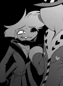 black_background blood bodily_fluids bruised bruised_face clothing duo eyewear glasses hat headgear headwear heart_glasses male simple_background enaic31 hazbin_hotel hellaverse angel_dust valentino_(hazbin_hotel) arachnid arthropod demon humanoid insect lepidopteran moth spider absurd_res hi_res monochrome