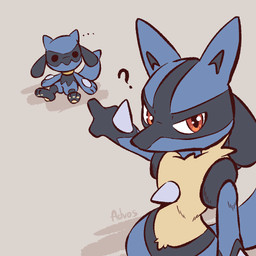 3_fingers 3_toes ambiguous_gender anthro black_body black_eyes black_fur black_nose blue_body blue_fur brown_background chest_spike duo ellipsis feet fingers fur gesture gloves_(marking) hand_gesture hand_spike looking_at_viewer markings pawpads pointing pointing_at_another question_mark red_eyes simple_background sitting spikes spikes_(anatomy) tail text toes yellow_body yellow_fur yellow_pawpads advos nintendo pokemon two_soyjaks_pointing canid canine generation_4_pokemon lucario mammal pokemon_(species) riolu 1:1 artist_name digital_media_(artwork) meme signature
