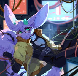anthro black_bottomwear black_clothing black_pants black_topwear blurred_background bottomwear cheek_tuft clothed clothing electronics eyelashes facial_tuft fur green_eyes hair inside jacket looking_at_viewer male monitor mouth_closed narrowed_eyes open_clothing open_jacket open_topwear pants purple_body purple_ears purple_fur purple_hair purple_tail solo tail topwear tuft yellow_clothing yellow_jacket_(clothing) yellow_topwear corzh77 species_request hi_res