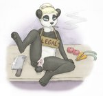 4_toes 5_fingers anthro black_body black_claws black_fur black_nose black_pawpads blonde_hair blue_eyes butcher_knife carrot claws cooking_with_furs feet female fingers food fruit fur genitals hair imminent_death joint multicolored_body multicolored_fur pawpads pink_pussy plant pussy smoke smoking solo tail text toes tomato vegetable young meowmere bear giant_panda mammal absurd_res english_text hi_res