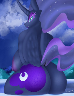 anthro areola big_breasts big_butt breasts butt cloud cosmic_hair cutie_mark ethereal_hair female horn huge_breasts huge_butt night nipples pool sky solo thick_thighs wings elelite friendship_is_magic hasbro idw_publishing my_little_pony my_little_pony:_the_movie_(2017) my_little_pony_(idw) nightmare_moon_(mlp) princess_luna_(mlp) equid humanoid hybrid mammal absurd_res hi_res